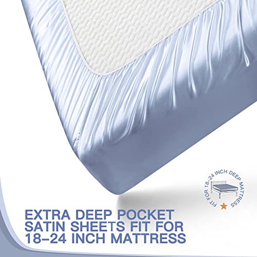 VACVELT 4pcs Extra Deep Pocket Queen Size Bedding Set, Baby Blue Luxury Satin Sheet Set Fit 18-24 Inch Deep Pocket Mattress, Soft & Ultra Deep Fitted Sheet Set VACVELT