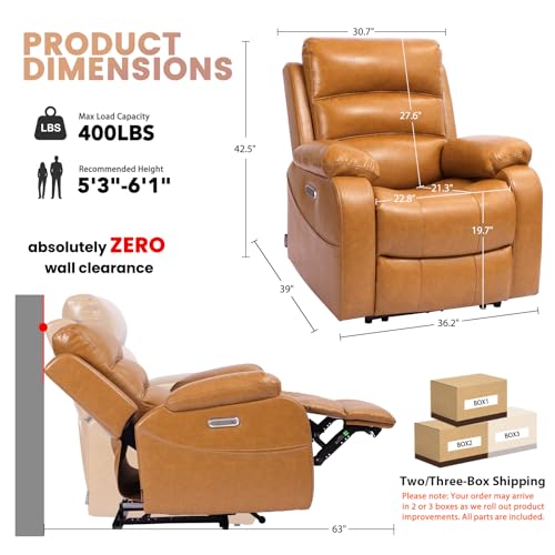 EONIX Power Zero Wall Hugger Power Recliner Chair for Small Space RV Living Room,Power Recliner with Massage and Heat, USB & USB-C Charging Ports, SXXY003992, Saddle Brown