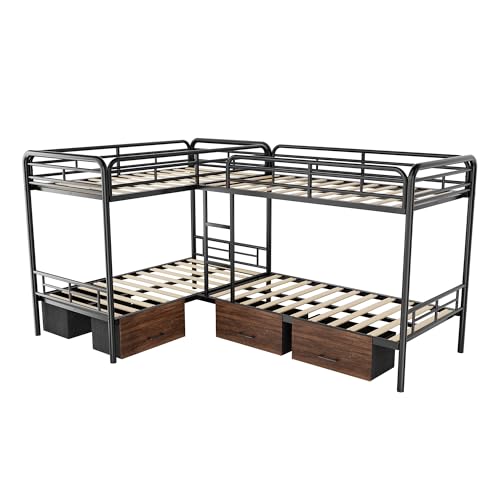 KMBOHE Twin L-Shaped Quad Bunk Bed with Storage Drawers, for 4 Kids/Teens/Adults, Heavy-Duty Metal Corner Bed with Ladder and Full-Length Guardrail, Space Saving Design, No Box Spring Needed, Black KMBOHE