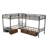 KMBOHE Twin L-Shaped Quad Bunk Bed with Storage Drawers, for 4 Kids/Teens/Adults, Heavy-Duty Metal Corner Bed with Ladder and Full-Length Guardrail, Space Saving Design, No Box Spring Needed, Black KMBOHE