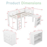 Low Loft Bed with Storage & Rolling Out Desk, Kids Twin Size Loft Beds with Bookcase & Drawers, Rubber Wood Junior Lofts Bed with Dresser/Shelves/Ladder/Guardrails for Boys Girls Teens, White Duxelifin