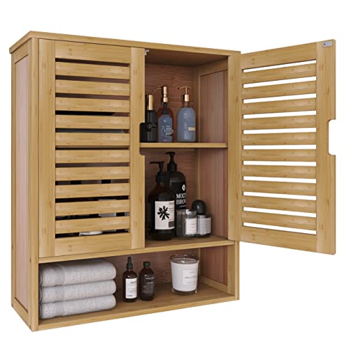 SMIBUY Bathroom Cabinet Wall Mounted, Bamboo Over-The-Toilet Storage Organizer, Space Saver Medicine Cabinet with 2 Door and Adjustable Shelves - WoodArtSupply