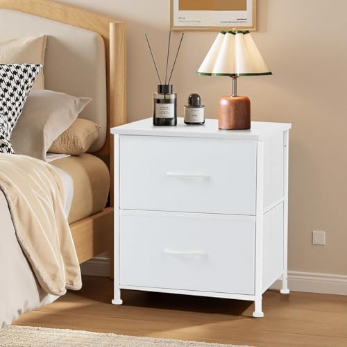 Nightstand, Small 2 Drawer Dresser End Table Bedside Furniture, Wooden Top Fabric Bins for Bedroom, Closet, Entryway, Dorm, 11.8" D x 18" W x 20", White SageNest