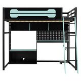 Harper & Bright Designs Full Size Wood Gaming Loft Bed with Desk and Storage Shelves, Modern Low Loft Bed Frame with LED Lights, USB Ports and Pegboard for Kids Teens Adults, Black+Blue Harper & Bright Designs