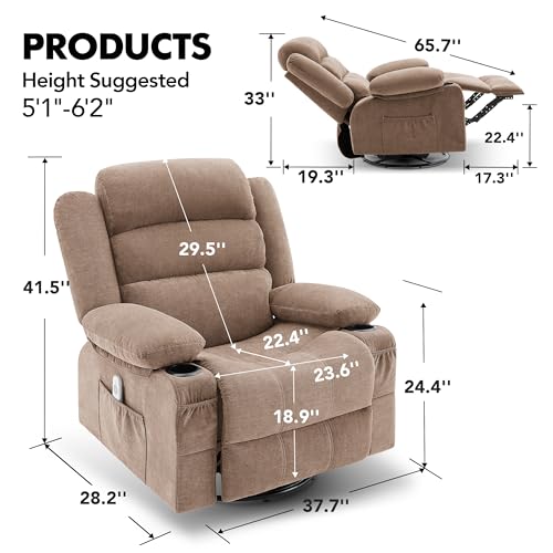 Rocker Recliner Chair with Heat and Massage, 360° Swivel Nursery Rocking Chairs for Adults, Oversized Recliner Single Sofa Seat with Cup Holders, Lazy Boy Recliner Single Sofa (Manual, Brown)