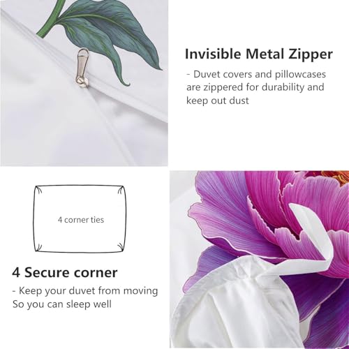Minimalist Illustrations Duvet Cover Set, Single PeonFlower Printed Bedding with 1 Pillowcases, Twin Microfiber Bed Set for Kids Adults Bedroom Decor, Pinkish-Purple Generic