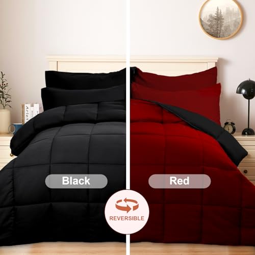 COZYART Full Comforter Set 7 Pcs, Black and Red Bed in a Bag, All Season Lightweight Soft Reversible Bedding Sets, 1 Comforter, 1 Flat Sheet, 1 Fitted Sheet, 2 Pillow Shams, 2 Pillowcases COZYART