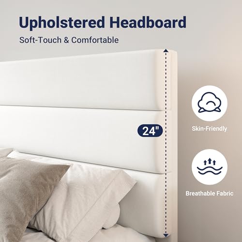 Allewie Modern Full Size Platform Bed Frame with 4 Storage Drawers and Velvet Upholstered Headboard, Wooden Slats Support, Upholstered Mattress Foundation/No Box Spring Needed/Easy Assembly, White Allewie