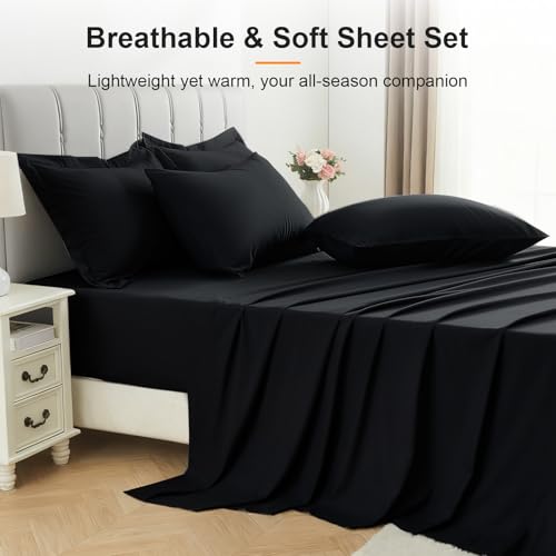 Easthome Queen Comforter Set 7 Piece - Black Soft Bed in a Bag Queen Size Comforter Sets, Cozy Luxury Bedding Sets with Down Alternative Comforter, Flat Sheet, Fitted Sheet, 2 Pillowcases & 2 Shams Easthome