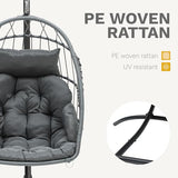 DWVO Egg Chair with Stand, Hanging Outdoor Rattan Wicker Patio Hammock Indoor Egg Chair with Cushion, Hanging Swing Chair 300lbs for Porch, Garden, Bedroom, Balcony, Gray DWVO