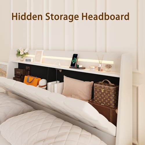 USHOW Floating Bed Frame King Size with Storage Headboard, Upholstered Bed Frame with LED Lights and Charging Station, No Box Spring Needed, Beige USHOW