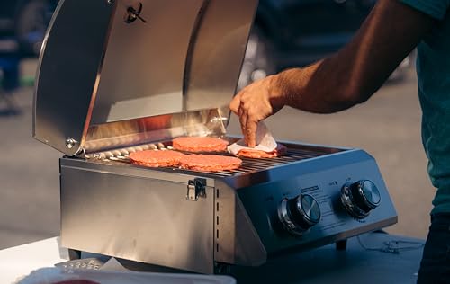 Monument Grills Tabletop Propane Gas Grill for Outdoor Portable Camping Cooking with Travel Locks, Stainless Steel High Lid, and Built in Thermometer Monument Grills