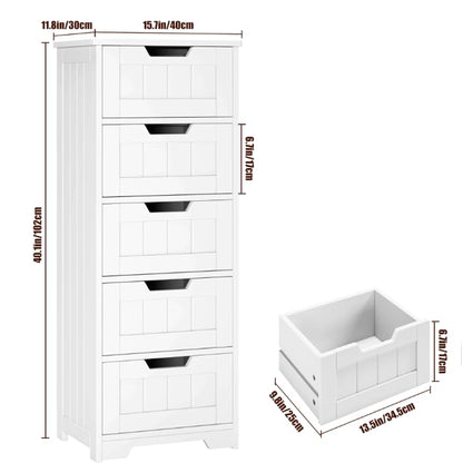 FOTOSOK Bathroom Floor Cabinet, Free-Standing Storage Cabinet with 5 Drawers, 11.8” x 15.7” x 40.1” Wooden Storage Cabinet with Cut-Out Handles, Side Tall Storage Cabinet for Bathroom, Living Room