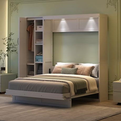 Merax Full Size Murphy Bed Wall Bed with Shelves, Drawers and LED Lights,White Merax