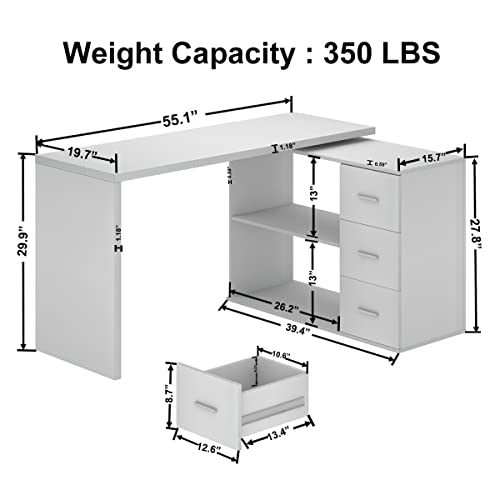 HSH White L-Shaped Computer Desk with 3 Drawers and 2 Shelves, Reversible Home Office Corner Desk for Writing Study Work Executive, 55 Inch Bedroom Wood Table Workstation Desk with Storage Cabinet HSH