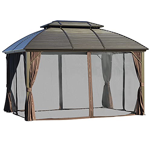 Outsunny 10' x 12' Hardtop Gazebo Canopy with Galvanized Steel Double Roof, Aluminum Frame, Permanent Pavilion Outdoor Gazebo with Netting and Curtains for Patio, Garden, Backyard, Deck, Lawn - WoodArtSupply