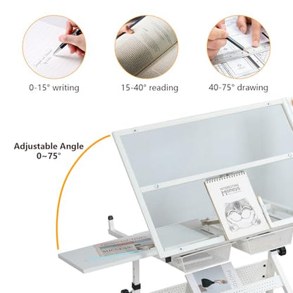 BAOMKONG Drafting Table and Stool Set, Tempered Glass Drawing Table with Adjustable Tabletop and Height Art Table for Artist Painters Home Office, White