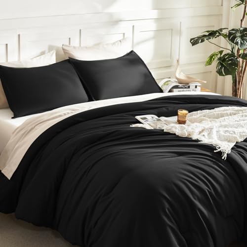 Litanika Black Twin/Twin XL Comforter Set, 2 Pieces Lightweight Solid Bedding Comforter Set, All Season Fluffy Bed Set (66x90In Comforter & 1 Pillowcase) Litanika