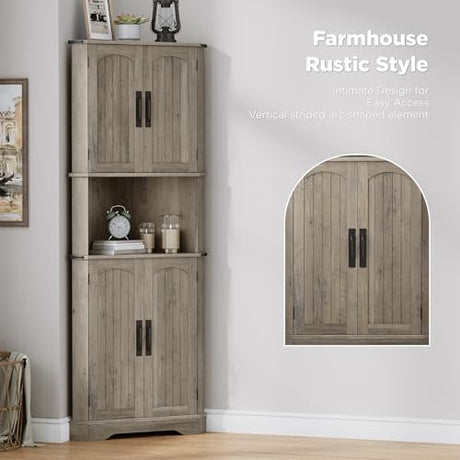 Maupvit Tall Corner Cabinet, Farmhouse Corner Storage Cabinet with 4 Barn Doors and Adjustable Shelves, Storage Pantry Cabinet for Kitchen, Living Room, Laundry Room, Grey Maupvit