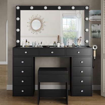 Yanosaku Vanity Desk & Power Outl, Makeup Vanity with Mirror and 12 LED Lights, Makeup Table with 11 Drawers, Vanity Table with Chair，Vanity Set 3 Lighting Modes Brightness Adjustable(Black) - WoodArtSupply