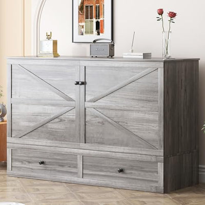 Mjkone Murphy Bed, Cabinet Murphy Bed with Tri-Fold Memory Foam Mattress, Farmhouse Wooden Cabinet Beds with USB Charging Station and 2 Storage Drawers for Bedroom/Office/Guest Room-Gray, Queen