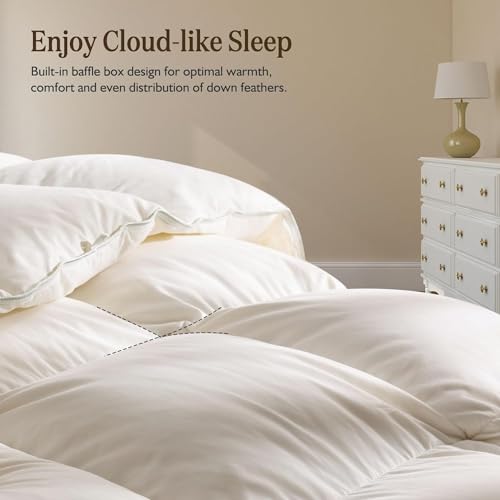 BPC Organic Feather Down Comforter Full/Queen Size, Hotel-Luxury Fluffy Duvet Insert with 100% Cotton Cover and Puffy Feather Down Filling for All-Season, Ivory White, 82x86 Inches BPC