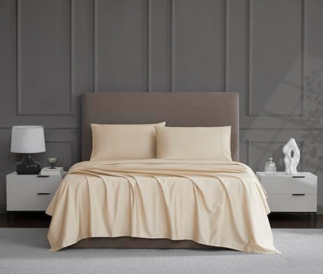 Linen Closet Queen Sheet Set – 4-Piece Cotton Blend, 1200 Thread Count Ultra Soft & Silky Sateen, Moisture Wicking, Wrinkle Resistant, Quick Dry, Deep Pocket up to 18", Durable & Easy Care, Beige Linen Closet