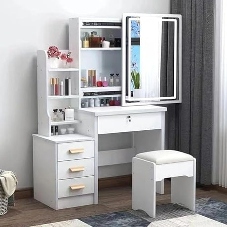 Vanity Desk with Sliding Mirror and Lights, Small Vanity Table Makeup Vanity Dressing Table, Makeup Vanity with Drawers & Shelves, Bedroom Dressing Table, Writing Desk Bedroom Essential (White) Altsuceser