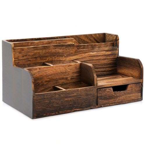 Pumtus Brown Wooden Mail Organizer, Desk Organizer with 7 Compartments and Drawer, Rustic Mail Sorter with Pen Holder, Tabletop Mail Basket, Office Accessories Holder for Pen File Letter Document Pumtus