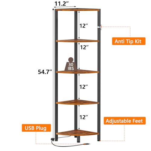 Furnulem 5-Tier Corner Shelf with LED Light – Rustic Brown Standing Organizer for Home and Office - WoodArtSupply