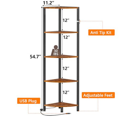 Furnulem 5-Tier Corner Shelf with LED Light – Rustic Brown Standing Organizer for Home and Office - WoodArtSupply