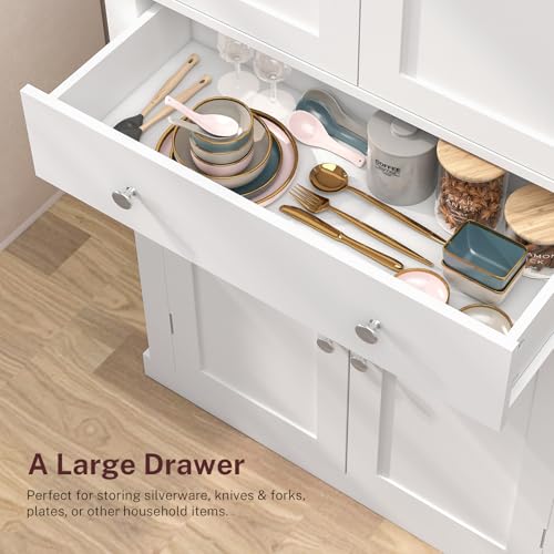 FIONESO 72” Pantry Cabinet, Kitchen Pantry Cabinet with 6 Doors Shelves and 1 Drawer, Tall Storage Cabinet, Cupboard with 4 Door for Kitchen, Dinging Room, Living Room, White FIONESO