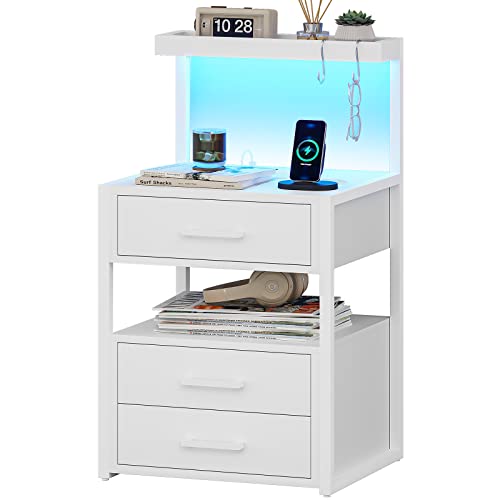 Nightstand with Charging Station and LED Lights, LED Night Stand with 2 USB Ports and 2 AC Outlets, Modern End Table with 3 Drawers, Bedside Table with Open Storage for Bedroom, White AOGLLATI