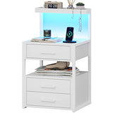 Nightstand with Charging Station and LED Lights, LED Night Stand with 2 USB Ports and 2 AC Outlets, Modern End Table with 3 Drawers, Bedside Table with Open Storage for Bedroom, White AOGLLATI