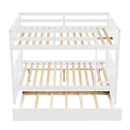 PVWIIK Full Over Full Bunk Bed with Trundle and Ladder for Kids Bedroom,Wood Bed Frame with Safety Rails,Convertible to 2 Bed,No Box Spring Needed,White PVWIIK