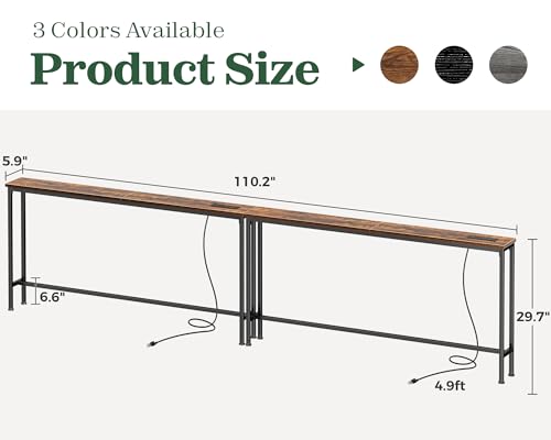SUPERJARE 110.2 Inch Sofa Table with Power Outlets and USB-C Ports, 5.9 Inch Narrow Console Tables, Entryway Hallway Couch Tables with Storage, Behind Sofa, Small Spaces, Living Room, Rustic Brown SUPERJARE