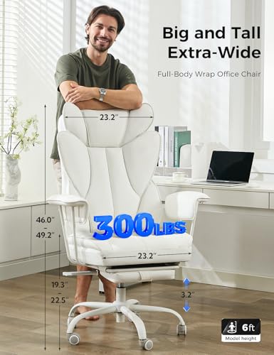 amseatec Big and Tall Office Desk Chair -Wide Ergonomic Executive with Footrest, High Back Lumbar Support Reclining Gaming Computer Chair for Heavy People (White) amseatec