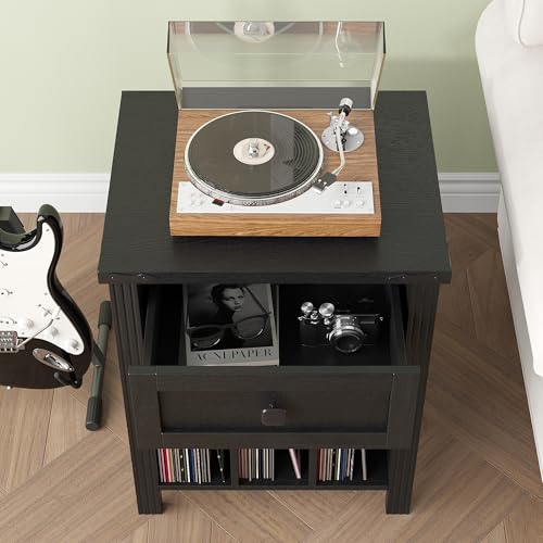 HOSEOKA Record Player Stand with Vinyl Record Storage, Turntable Stand with Charging Station, Wood Vinyl Record Holder Cabinet Dispaly Shelf with Drawer, Black HOSEOKA