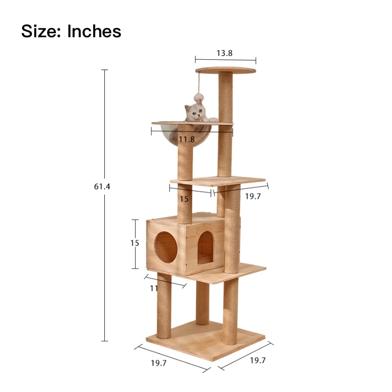 Lazyworm Modern Multi-Level Large Real Solid Wood Cat Tree, Luxury Wooden Cat Tower Cat Condo with Multi-Layer Platform for Indoor Cats - WoodArtSupply