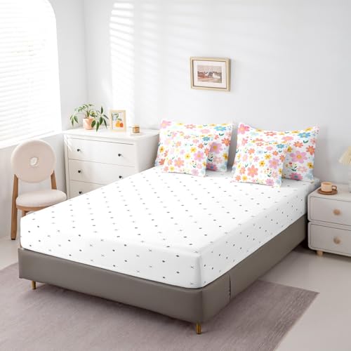 Feelyou Cute Flower 7 Piece Bedding Set Twin Size Kids Cartoon Cute Floral Bed in a Bag for Kids Girls Teens Toddler Yellow Pink Comforter Set with Sheets Kawaii Bed Set Feelyou