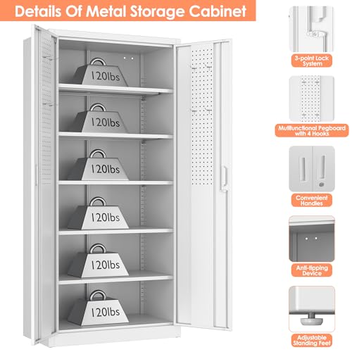 JAORD Metal Storage Cabinet with 5 Adjustable Shelves and Pegboard, 71" H White Garage Storage Cabinet with Doors, Metal File Cabinet for Garage,Home, Office, White, Assembly Required JAORD