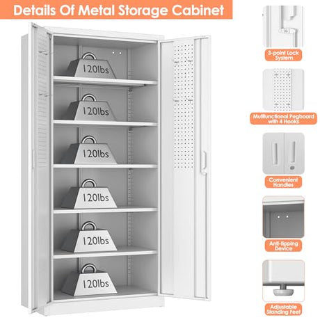 JAORD Metal Storage Cabinet with 5 Adjustable Shelves and Pegboard, 71" H White Garage Storage Cabinet with Doors, Metal File Cabinet for Garage,Home, Office, White, Assembly Required JAORD