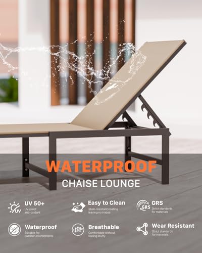 WOAJNQO Chaise Lounge Chair Outdoor,Aluminum Patio Lounge Chairs,Lounge Chairs with 5 Adjustable Backrest for Outside Beach Lawn and Backyard,Khaki WOAJNQO