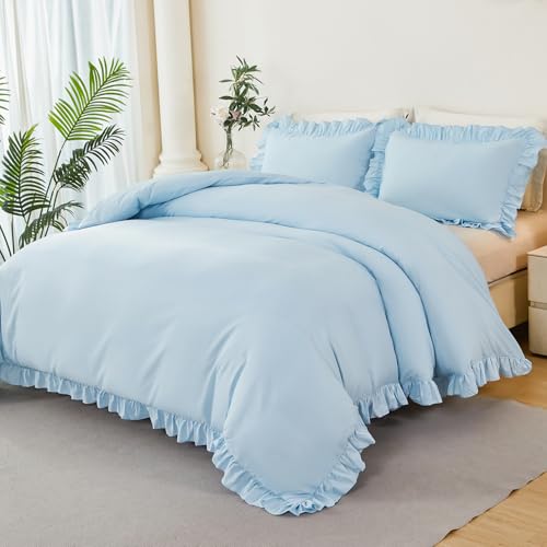 ZSYAYAHA Twin Size Duvet Cover Set Light Blue Ruffle Comforter Covet Set for Girls Kids Teens 3 Pieces Soft Microfiber Bedding Set All Seasons(Light Blue, Twin) ZSYAYAHA