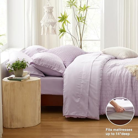 Love's cabin Seersucker Lavender Twin Comforter Set 5 Pieces, All Season Bedding Set, Twin Bed in a Bag Comforter Set with Comforter, Flat Sheet, Fitted Sheet, Pillowcase and Pillow Sham Love's cabin
