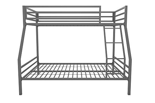 Novogratz Maxwell Metal Bunk Bed Frame for Kids and Teens, with Angled Ladder, High Guardrail and Metal Slats, No Boxspring Required, Underbed Storage Space, Twin-Over-Full, Gray Novogratz