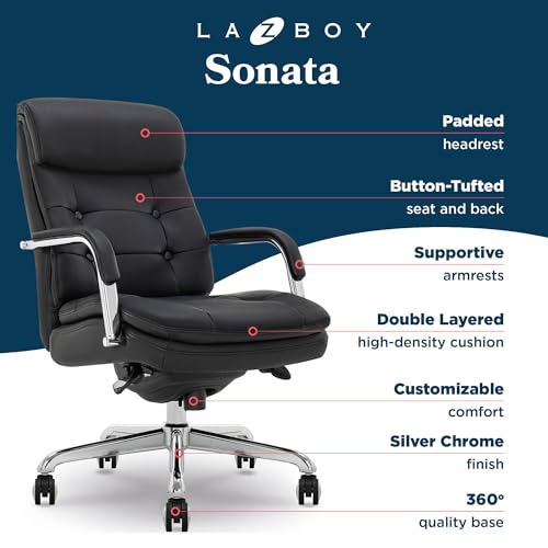 La-Z-Boy Sonata Executive Mid-Back Office Chair, Button-Tufted Seat and Back, Double-Layer Cushion, Padded Armrests, Ergonomic Computer DeskChair, Swivel Metal Base, Bonded Leather, Black/Chrome La-Z-Boy