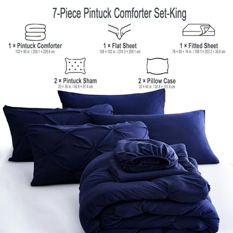 Ubauba 7pc Dark Blue King Comforter Set with Sheets, 7 Piece Pinch Pleating Bed in a Bag Royal Blue Bedding Comforters & Sets, Soft Fluffy Pintuck Bed Set (Navy,King) Ubauba