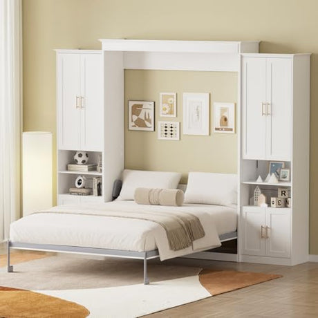 BEQAI Queen Murphy Bed with Storage Cabinets & 6 Adjustable Shelves, Foldable Space-Saving Queen Wood Wall Bedframe with USB Charging Port, Hidden Bedframe for Guest Room, Study, Home, Bedroom, White BEQAI
