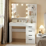 HMYZOM Makeup Vanity with 10 LED Lighted Mirror, White Vanity Desk with Large Desktop, Multi-Drawers & Open Shelves, Modern Vanity Table Makeup Table, 3 Color Modes & Adjustable Brightness HMYZOM